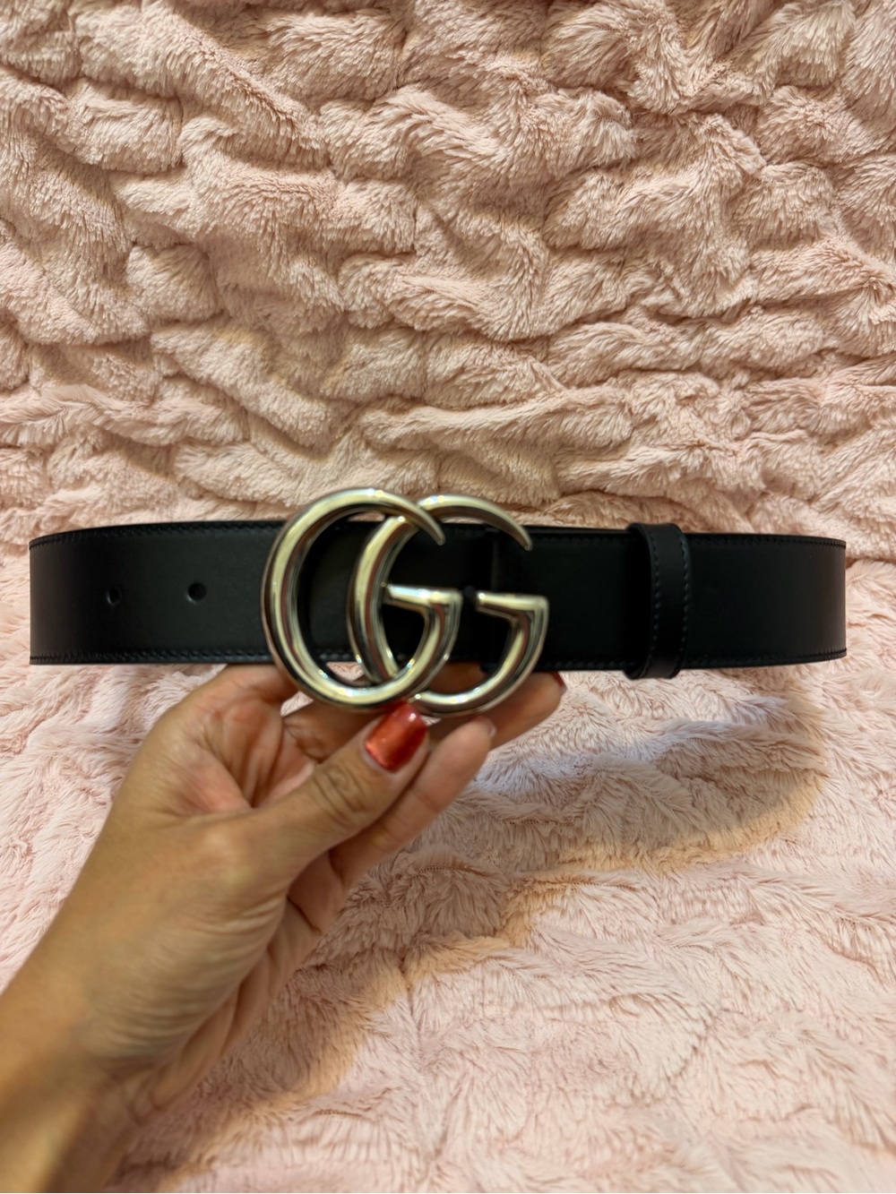 Gucci Marmont Black Leather Belt with Silver Double G Buckle